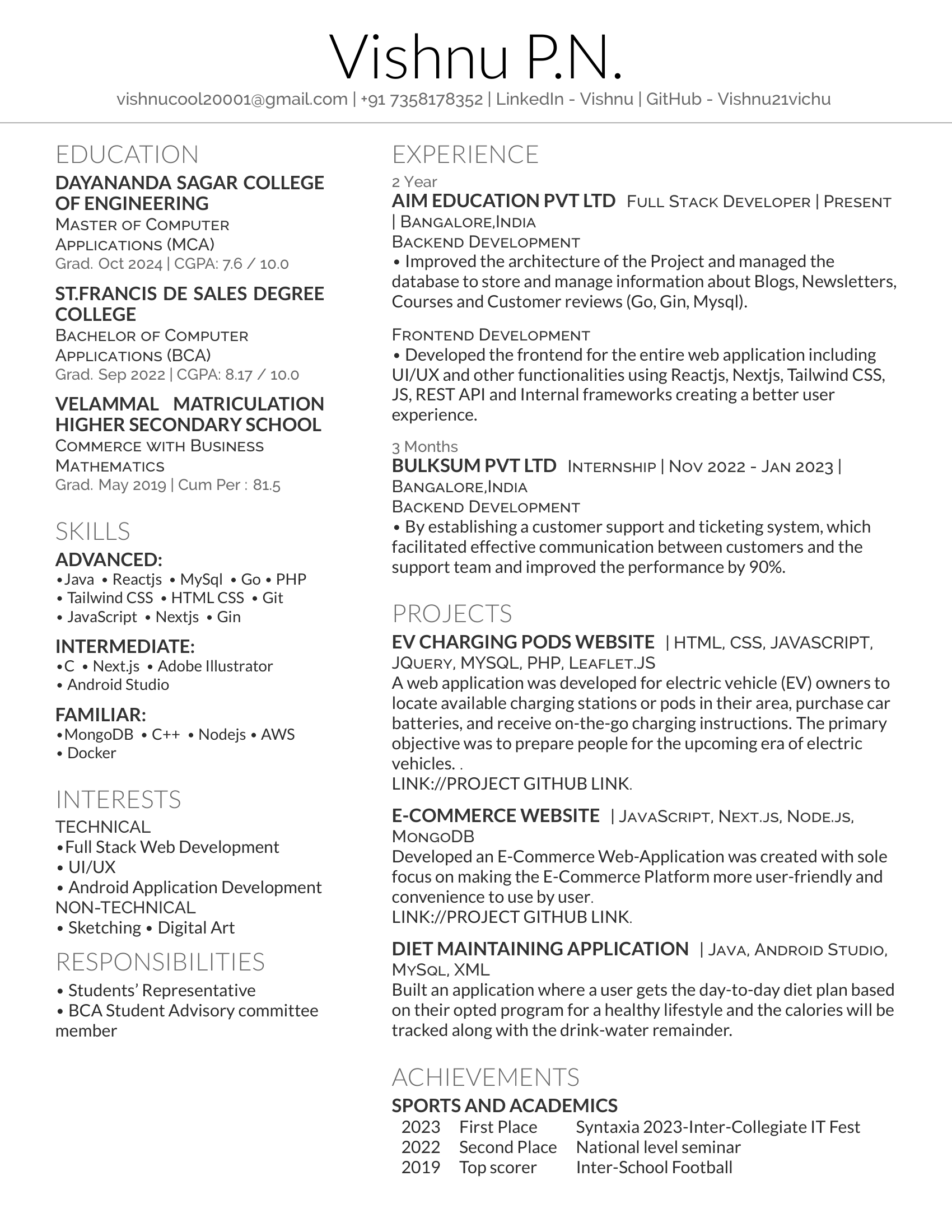 Vishnu P.N. Resume